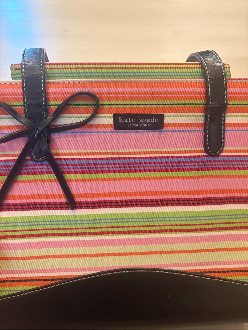kate spade Pink Multi-Stripe Tote with Black Trim